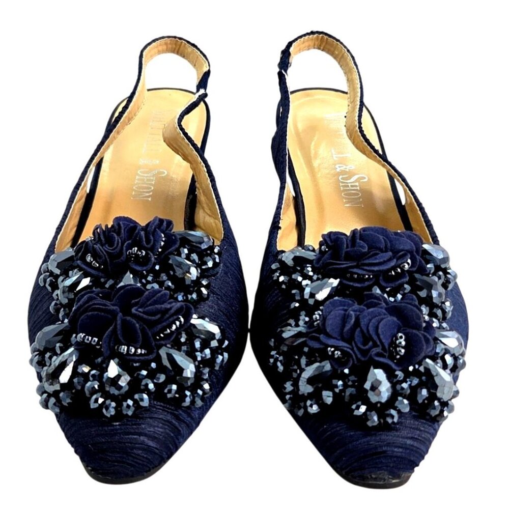 Whittall & Shon Navy Blue Ruched Velvet Embellished Slingback Heels Size 10 - Picture 1 of 10
